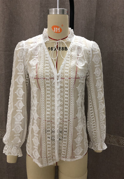 V Neck Embroidery Flower And Wood Ears Long Sleeve Shirt Top Women