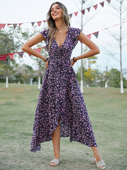 Women Summer Daily Ruffled Printed V Neck Short Sleeve High Split A Line Midi Dress