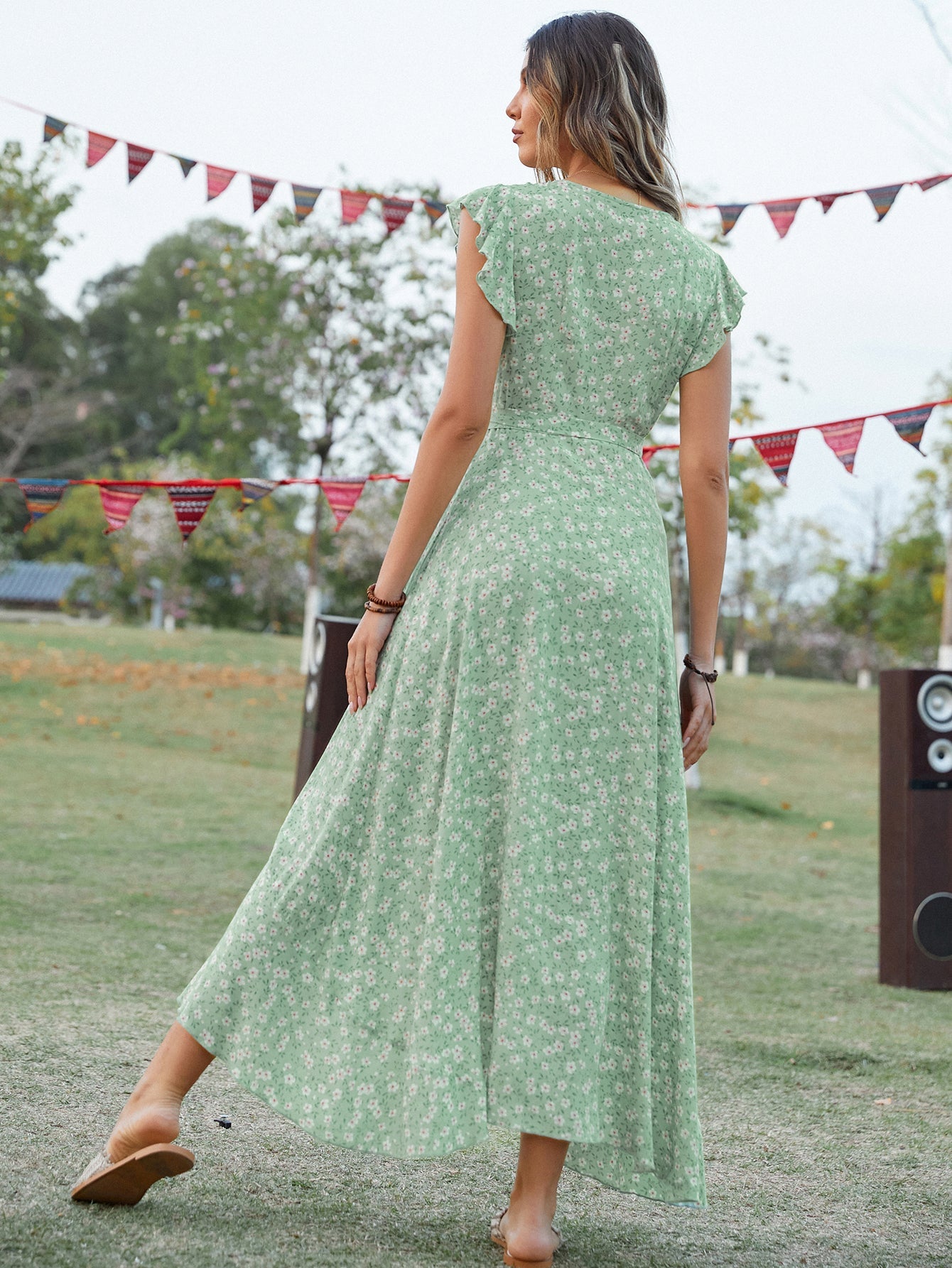 Women Summer Daily Ruffled Printed V Neck Short Sleeve High Split A Line Midi Dress