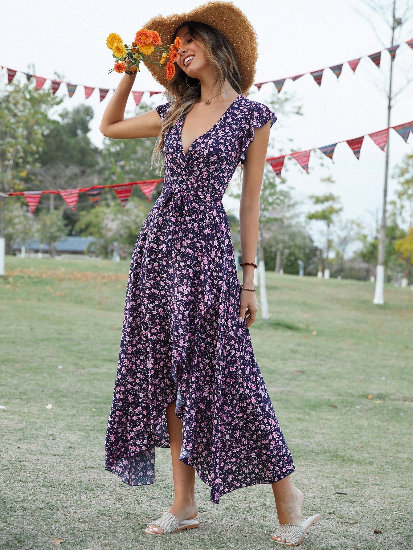Women Summer Daily Ruffled Printed V Neck Short Sleeve High Split A Line Midi Dress