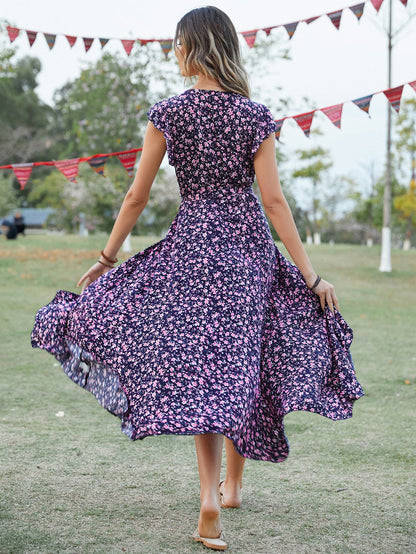 Women Summer Daily Ruffled Printed V Neck Short Sleeve High Split A Line Midi Dress
