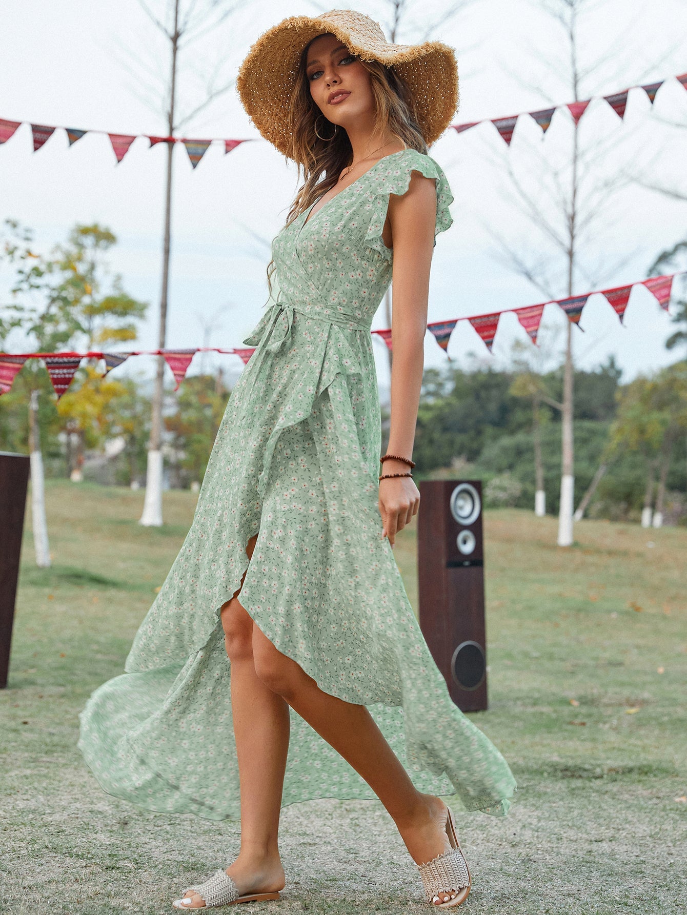Women Summer Daily Ruffled Printed V Neck Short Sleeve High Split A Line Midi Dress