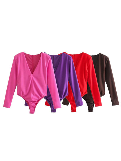 Women Clothing Sexy Four Color Deep V Plunge neck Padded Shoulder Close Fitting Inner Bodysuit