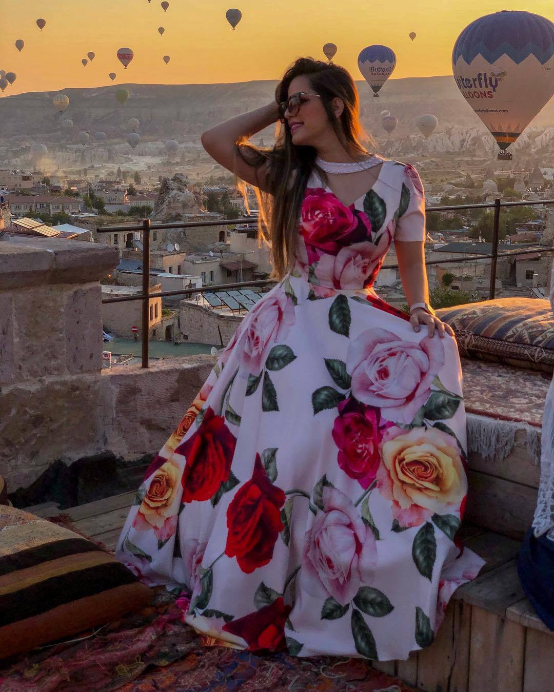 Spring Rose 3D Printing Large Swing Bead Stitching Short Sleeve Dress