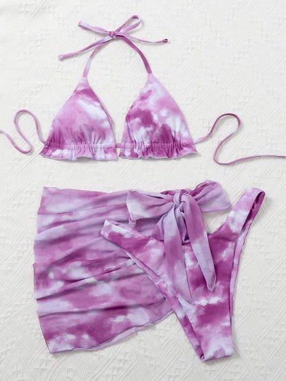 Skirted Swimsuit Women Tie-dye Piece Suit Bikini High Cut Ruffle Swimwear Women Halter Swim Suit Knot Bathing Suit