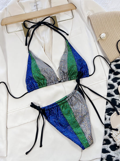 Swimsuit Solid Color Stitching Sexy Pleated Hollow Out Cutout Bikini