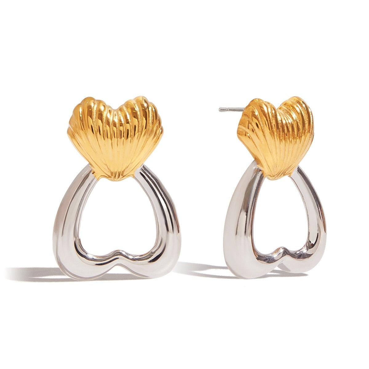 18K gold heart-shaped earrings with gold and silver color matching design, trendy and personalized