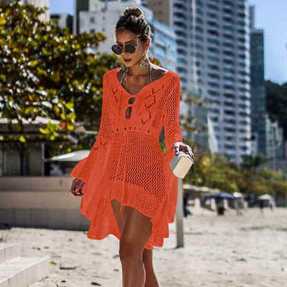 Women Clothing Irregular Asymmetric Deep V Plunge Sexy Bell Sleeve Hollow Out Cutout Woven Beach Overclothes Dress