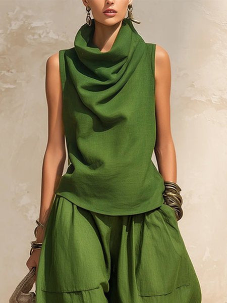 Women's Draped Cowl-Neck Sleeveless Top & Voluminous Balloon Lantern Trouser Set