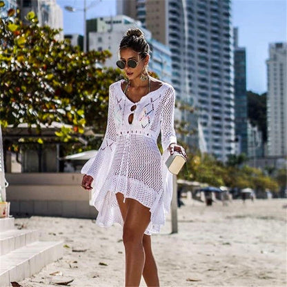Women Clothing Irregular Asymmetric Deep V Plunge Sexy Bell Sleeve Hollow Out Cutout Woven Beach Overclothes Dress