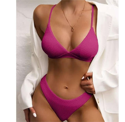 Women Seperated Swimwear Sunken Stripe Solid Color Sexy Bikini Swimsuit