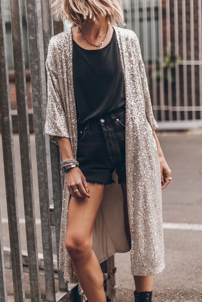 Apricot Sequin 3/4 Sleeve Open Front Duster Cardigan - Femstylo