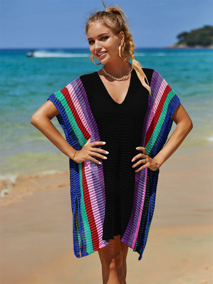 Summer Beach Cover-up Hollow Out Cutout Knitted Rainbow Holiday Bikini Cover Sun Protection Clothing Women