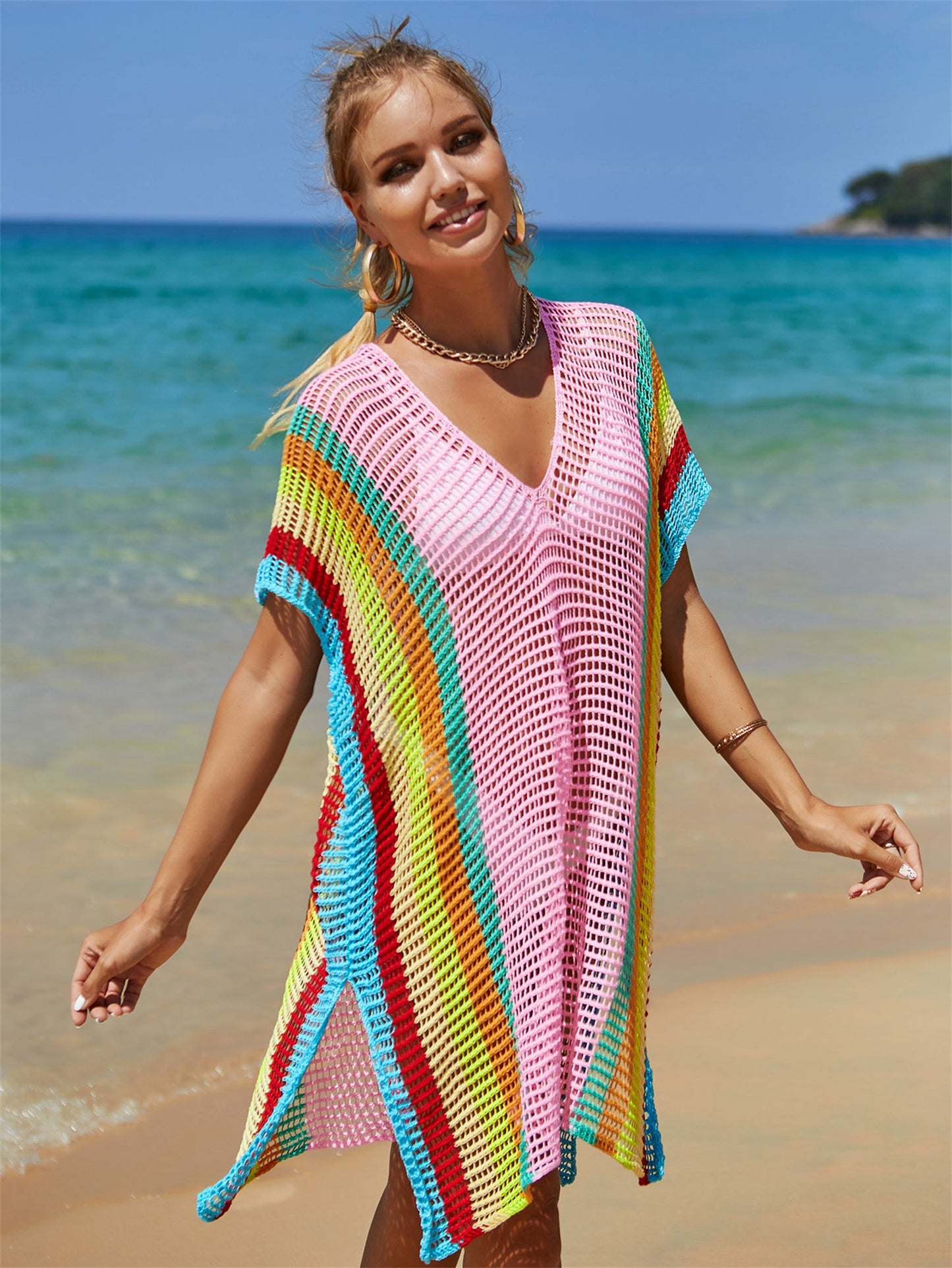 Summer Beach Cover-up Hollow Out Cutout Knitted Rainbow Holiday Bikini Cover Sun Protection Clothing Women