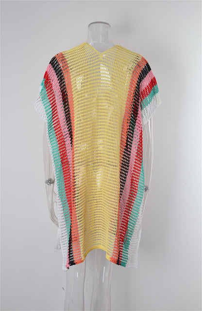 Summer Beach Cover-up Hollow Out Cutout Knitted Rainbow Holiday Bikini Cover Sun Protection Clothing Women
