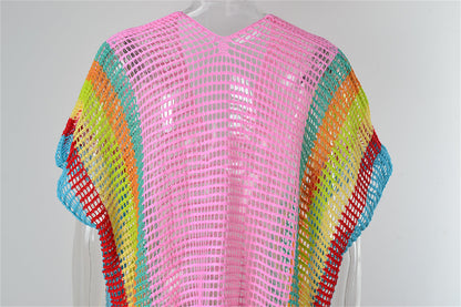 Summer Beach Cover-up Hollow Out Cutout Knitted Rainbow Holiday Bikini Cover Sun Protection Clothing Women