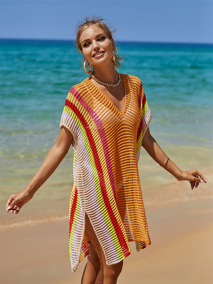 Summer Beach Cover-up Hollow Out Cutout Knitted Rainbow Holiday Bikini Cover Sun Protection Clothing Women