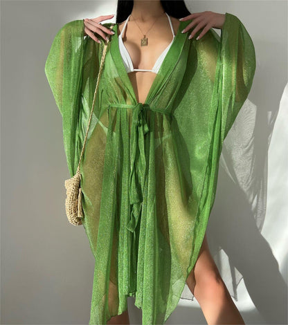 Sexy Deep V Plunge Blouse Beach Seaside Sun Protection Shirt Casual Loose Lace Up