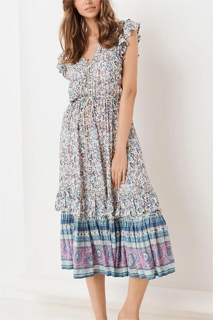 Retro Vacation Dress Printed Swing Super Fairy Lace up Waist V neck Floral Dress