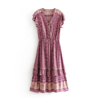 Retro Vacation Dress Printed Swing Super Fairy Lace up Waist V neck Floral Dress
