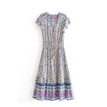 Retro Vacation Dress Printed Swing Super Fairy Lace up Waist V neck Floral Dress