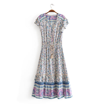 Retro Vacation Dress Printed Swing Super Fairy Lace up Waist V neck Floral Dress
