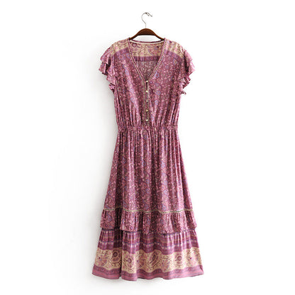 Retro Vacation Dress Printed Swing Super Fairy Lace up Waist V neck Floral Dress
