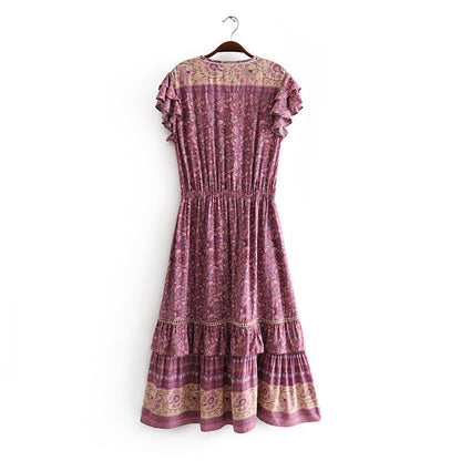 Retro Vacation Dress Printed Swing Super Fairy Lace up Waist V neck Floral Dress