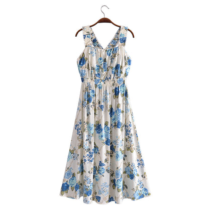 Vacation Summer Cross Backless Rayon Printing Slip Dress