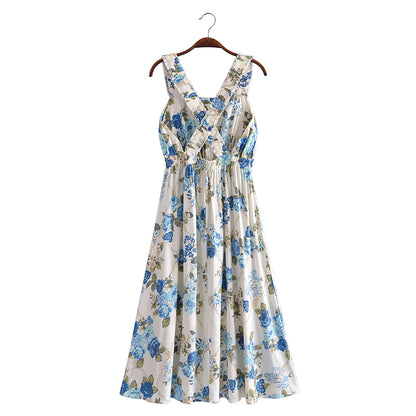 Vacation Summer Cross Backless Rayon Printing Slip Dress