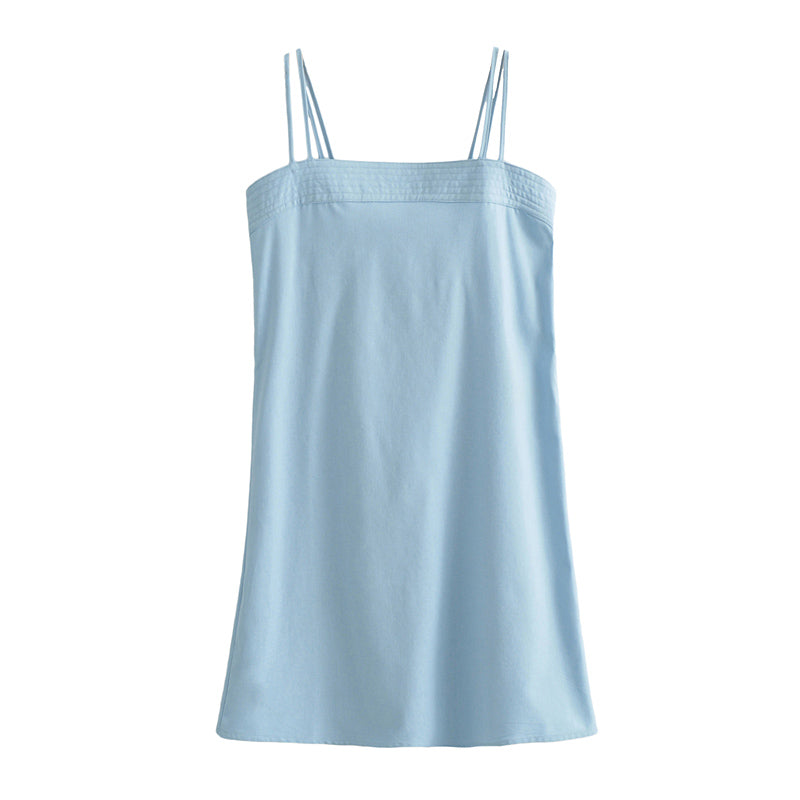 Summer Women Slim Fit Elegant Blue Linen Blend Cami Dress Women