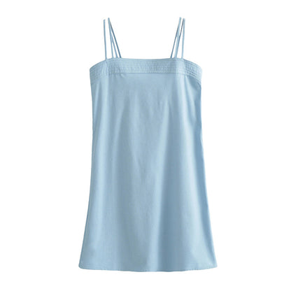 Summer Women Slim Fit Elegant Blue Linen Blend Cami Dress Women