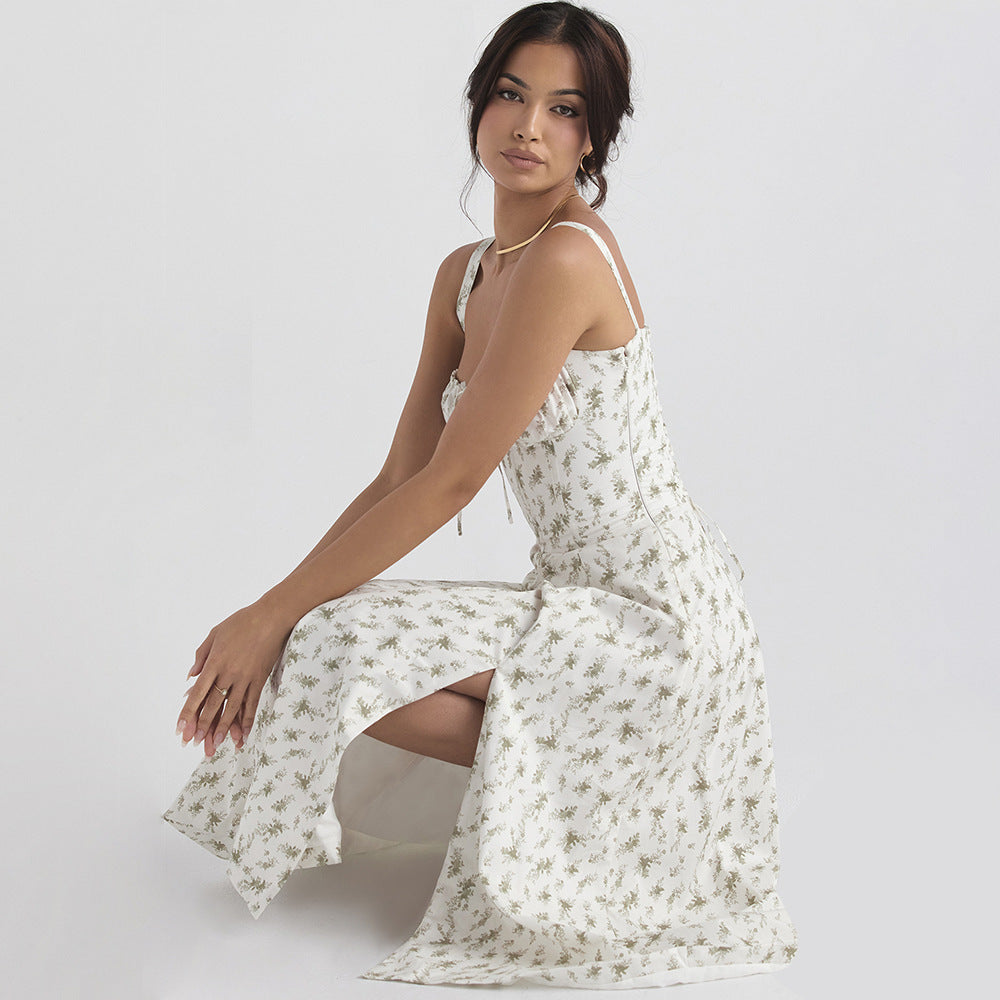 Women Clothing Sexy Backless Slim Fit Strap Dress Vacation Floral Split Mid Length Dress