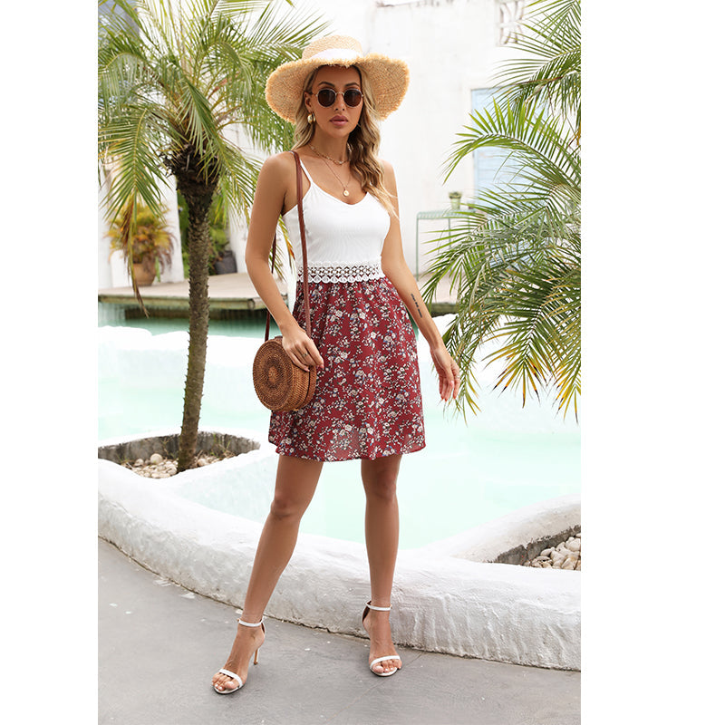 Women Summer V Neck Vacation Lattice Trim Patchwork Backless Cami Dress