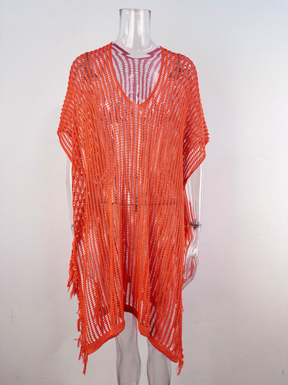Summer Mid Length V neck Hollow Out Cutout Tassel Beachwear Holiday Shirt Seaside Sun Protection Clothing