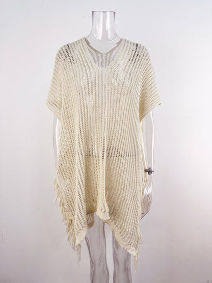 Summer Mid Length V neck Hollow Out Cutout Tassel Beachwear Holiday Shirt Seaside Sun Protection Clothing