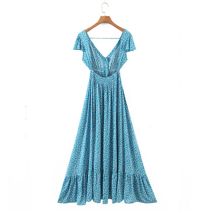 Spring Seaside Vacation Cardigan Lace up Sexy Waist Trimming Long Beach Dress