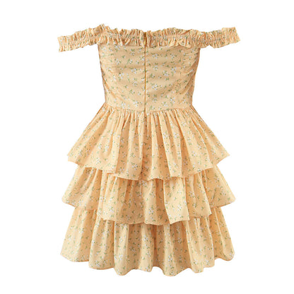 Summer Women Clothing off Neck Ruffled Dress Vacation Fresh Printed Short