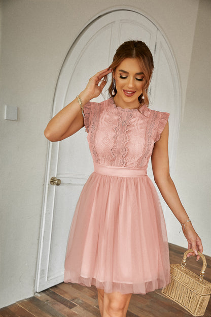 Women Summer Lace Tulle Short Sleeve Round Neck Elegant Dress