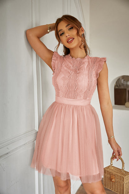 Women Summer Lace Tulle Short Sleeve Round Neck Elegant Dress