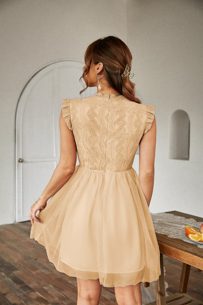 Women Summer Lace Tulle Short Sleeve Round Neck Elegant Dress
