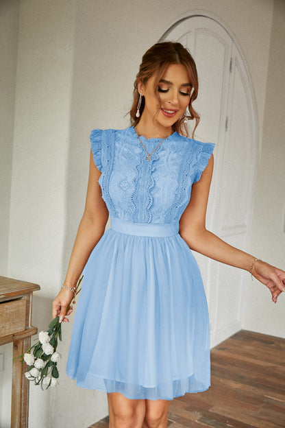 Women Summer Lace Tulle Short Sleeve Round Neck Elegant Dress