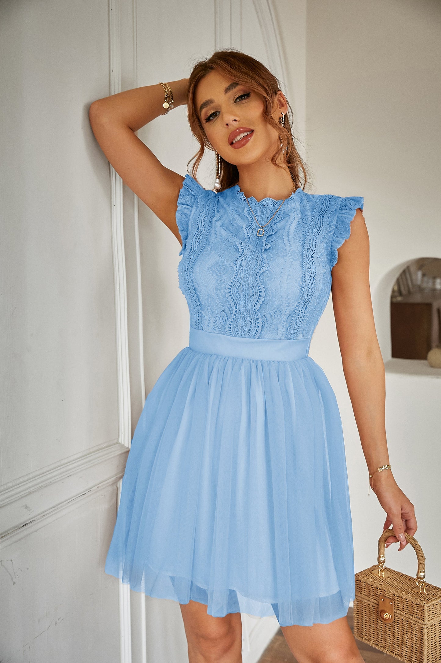Women Summer Lace Tulle Short Sleeve Round Neck Elegant Dress