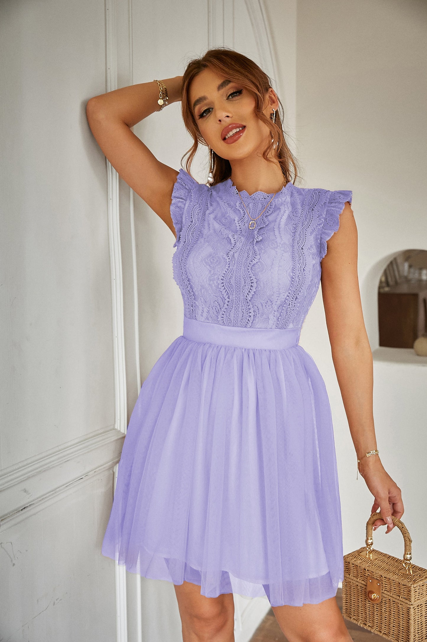 Women Summer Lace Tulle Short Sleeve Round Neck Elegant Dress
