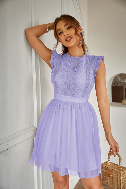 Women Summer Lace Tulle Short Sleeve Round Neck Elegant Dress