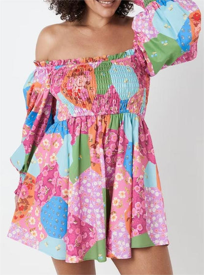 Summer Women Rayon Floral Print off Shoulder Elastic Bust Midi Dress