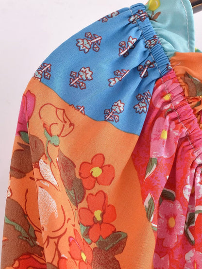 Summer Women Rayon Floral Print off Shoulder Elastic Bust Midi Dress