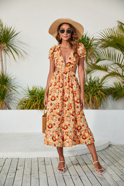 Spring Summer Women Clothing V Neck Printed Dress Backless Midi Dress