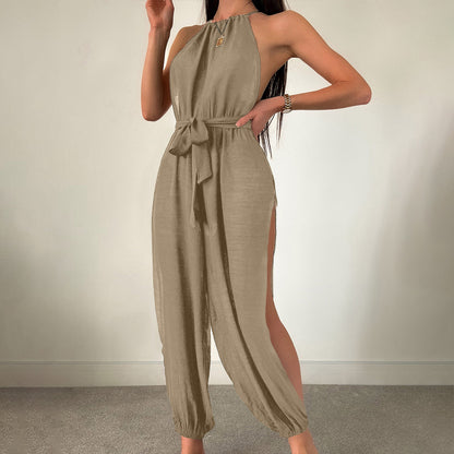 Sleeveless Beach Cover Up Solid Color All Matching Tied Jumpsuit Slim Fit Slimming Sun Protection Clothing Women