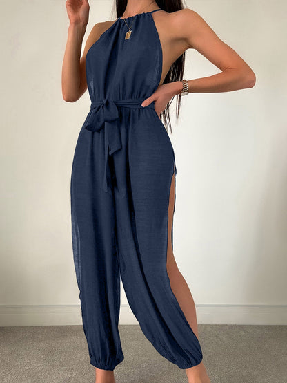 Sleeveless Beach Cover Up Solid Color All Matching Tied Jumpsuit Slim Fit Slimming Sun Protection Clothing Women